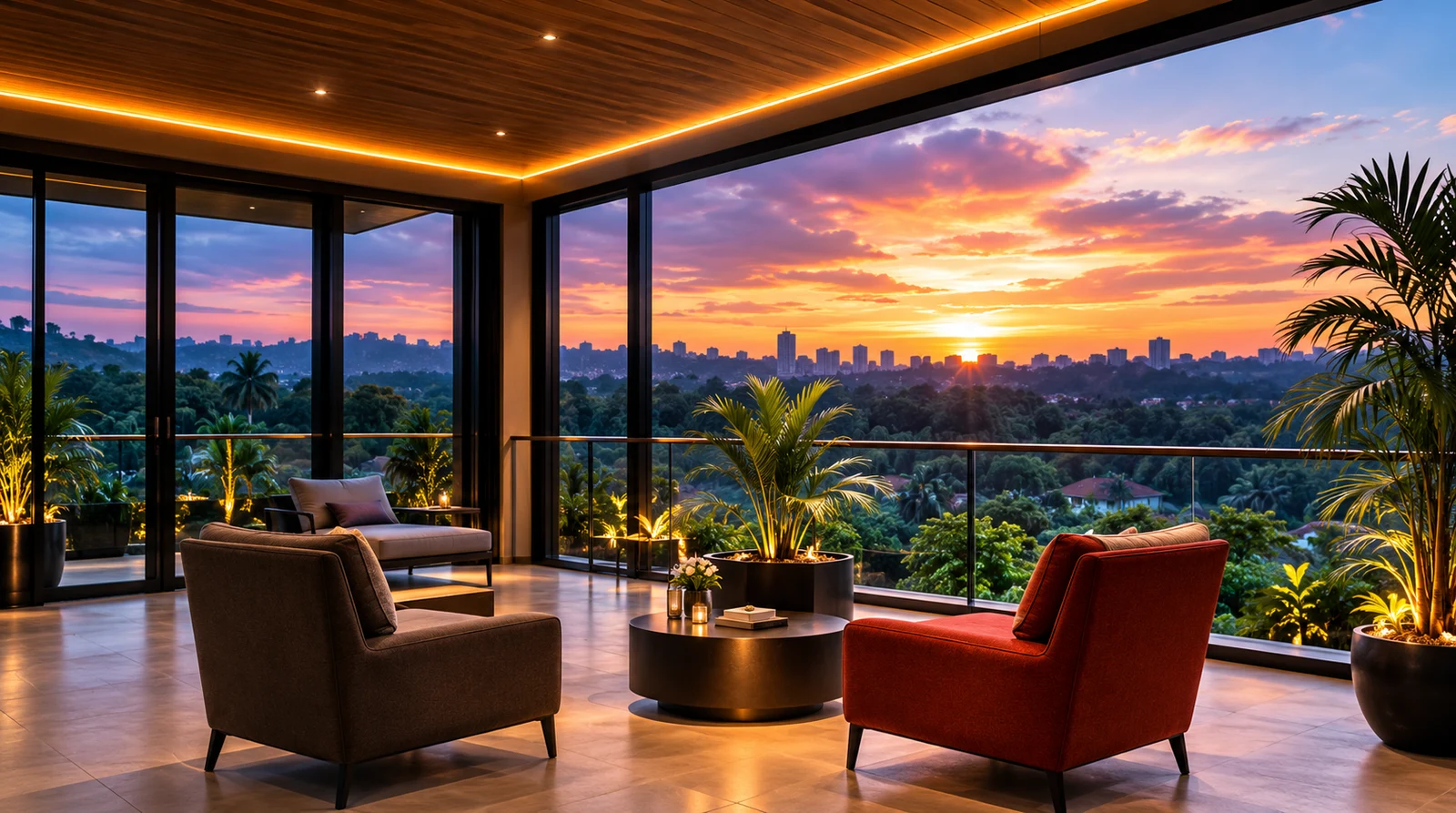 The ROOTS lounge overlooking the city at sunset