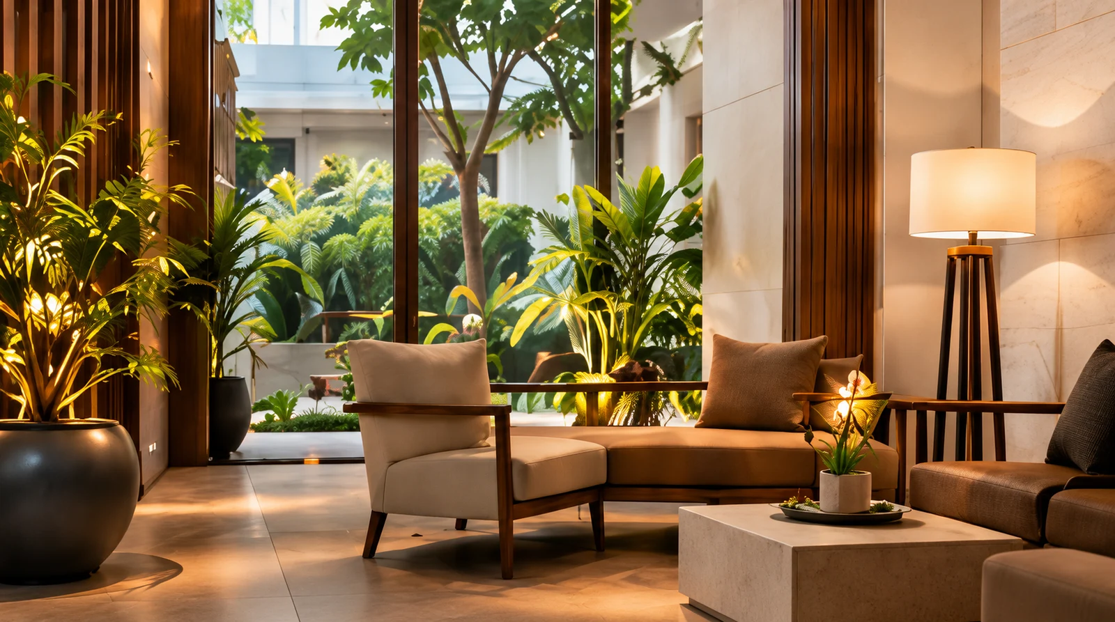 Comfortable seating beside the green courtyard at ROOTS