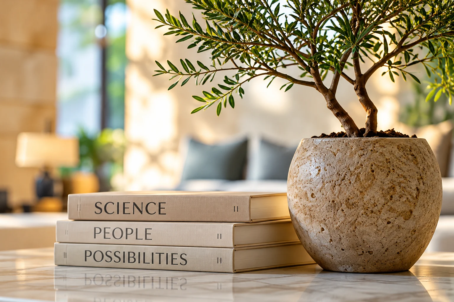 An olive tree beside books on science, people and possibilities at ROOTS