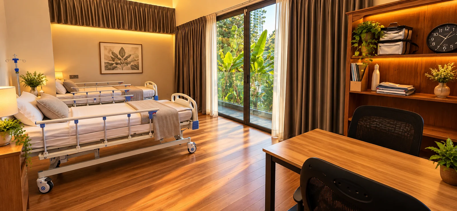 A thoughtfully furnished room at ROOTS with warm timber finishes and garden views