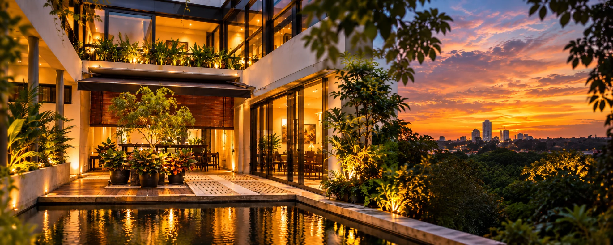 The ROOTS sanctuary courtyard and reflecting pool overlooking the city at sunset