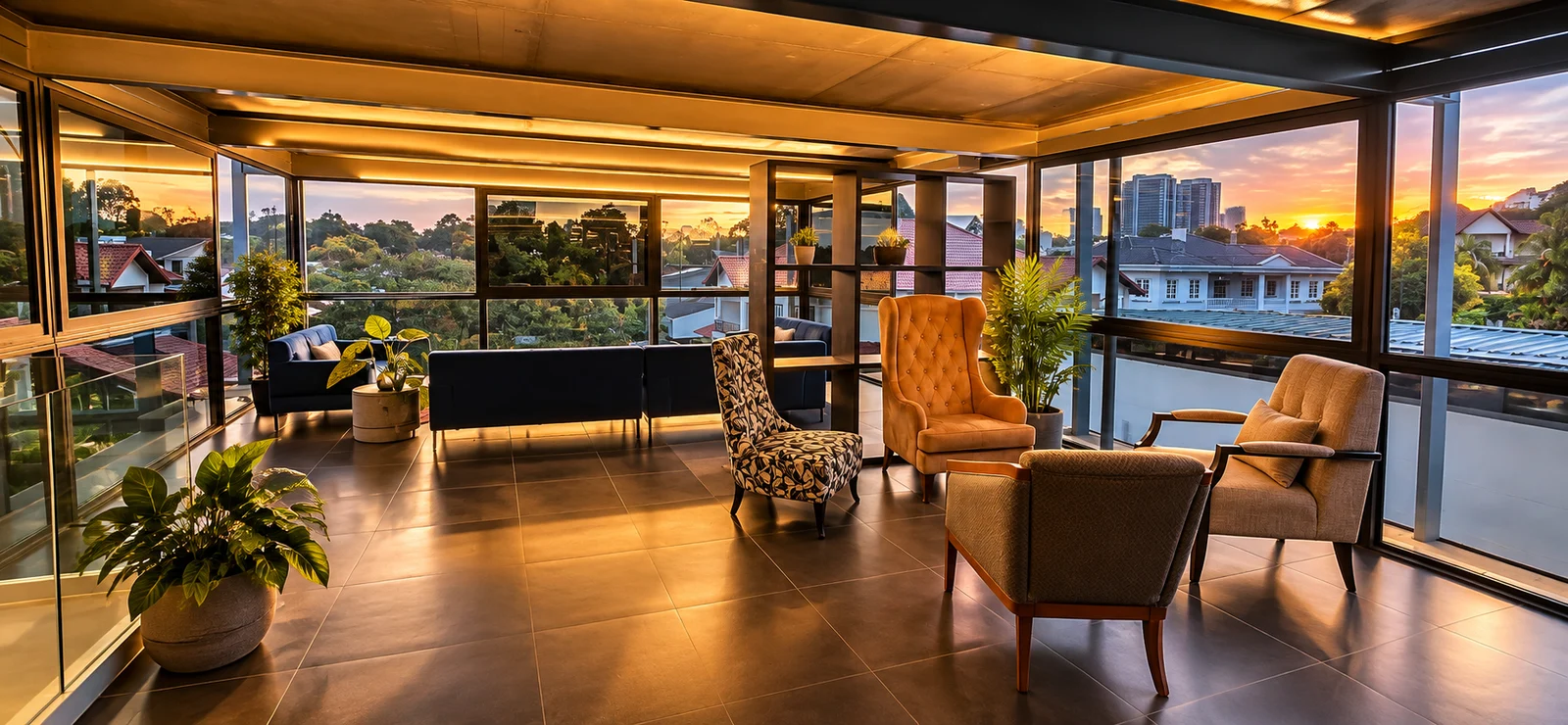 The ROOTS lounge with warm lighting, plants and open city views
